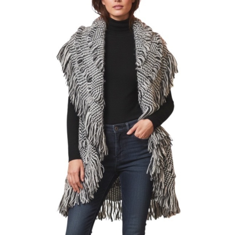SIONI Black/White FUZZY EYELASH Open Front LARGE COLLAR Sweater CARDIGAN Sz S/M